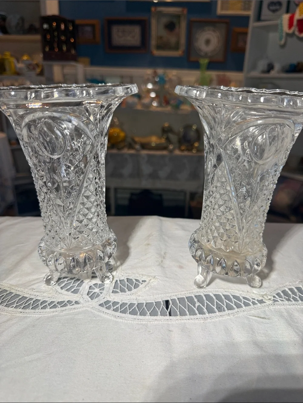 Pair of Clear crystal tulip Glass Footed Vases - Decorative Tabletop Accent